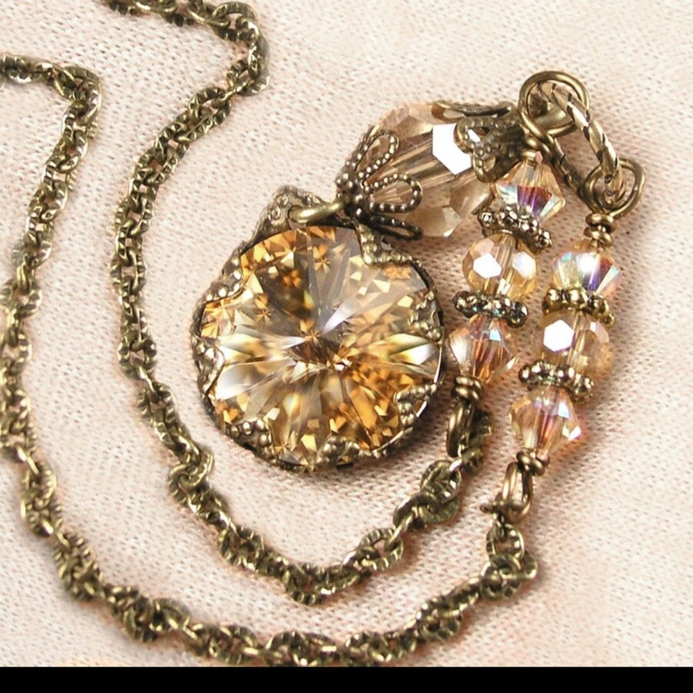 Swarovski Crystal Golden Champagne Necklace - Antique Style